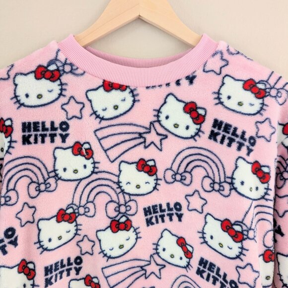 Hello Kitty Pink Cozy Plush Long Sleeve Fleece Pajama Top Crew Neck Rainbows M - Picture 2 of 11